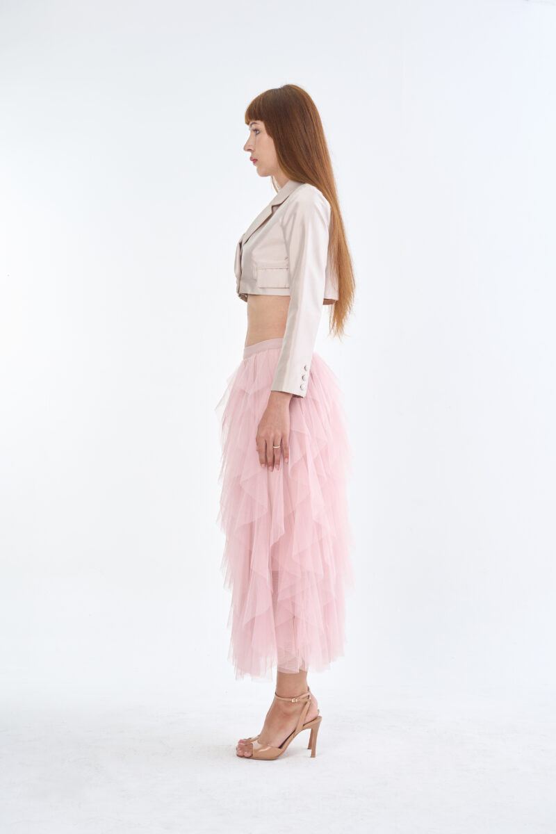 Taupe Tailored Crop Suit with Pink Romance Layered Tulle Skirt