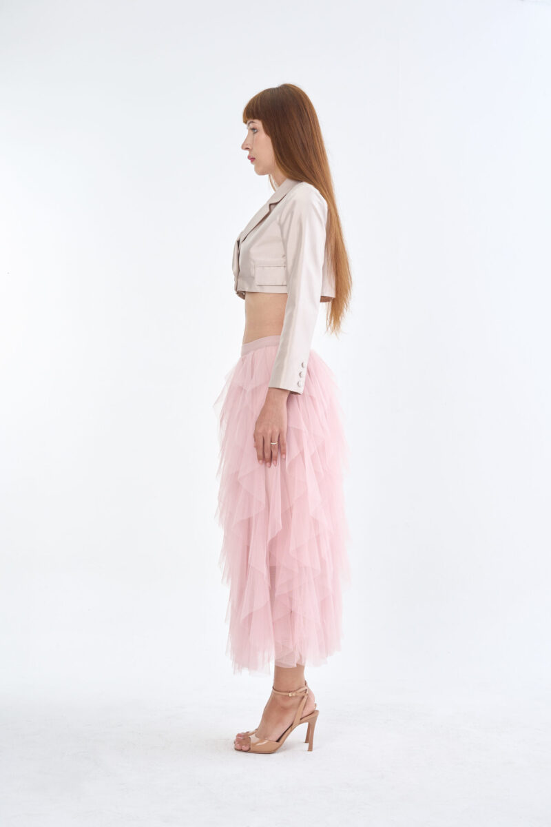 Taupe Tailored Crop Suit with Pink Romance Layered Tulle Skirt