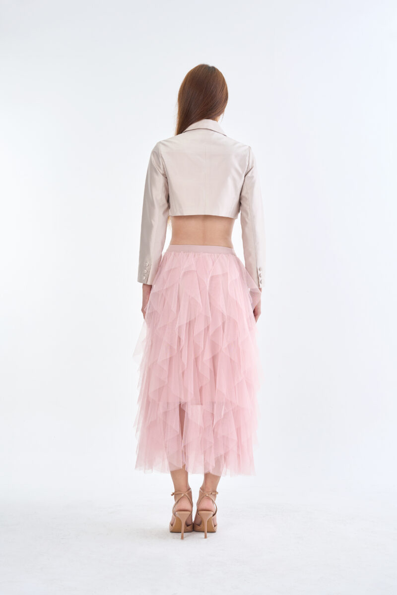 Taupe Tailored Crop Suit with Pink Romance Layered Tulle Skirt