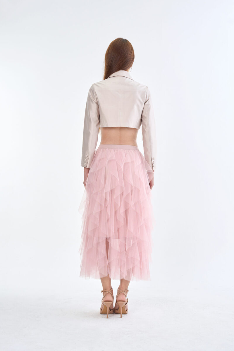 Taupe Tailored Crop Suit with Pink Romance Layered Tulle Skirt