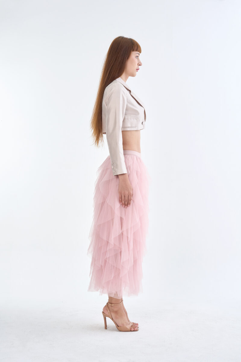 Taupe Tailored Crop Suit with Pink Romance Layered Tulle Skirt