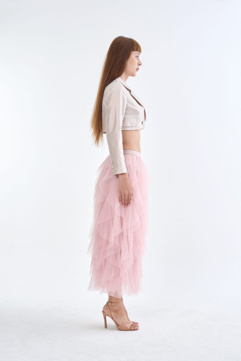 Taupe Tailored Crop Suit with Pink Romance Layered Tulle Skirt