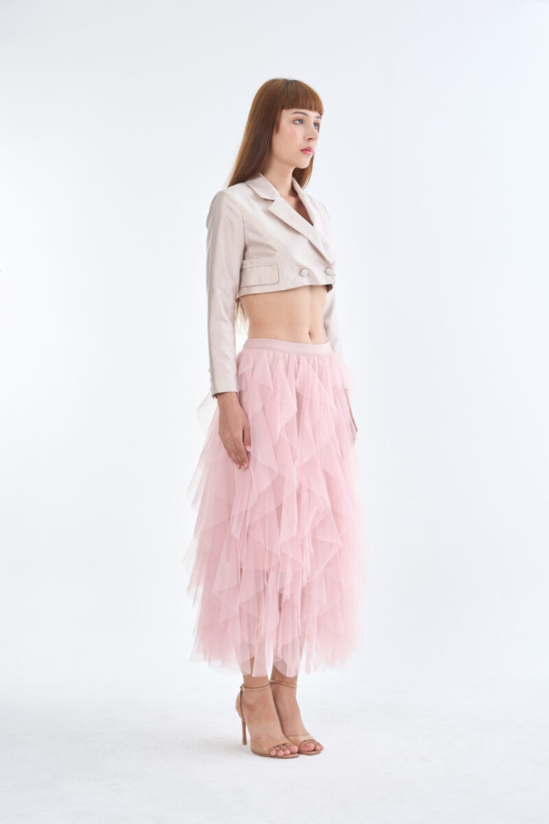 Taupe Tailored Crop Suit with Pink Romance Layered Tulle Skirt