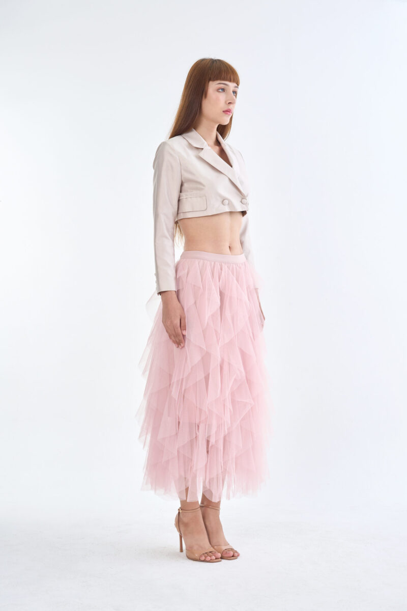 Taupe Tailored Crop Suit with Pink Romance Layered Tulle Skirt