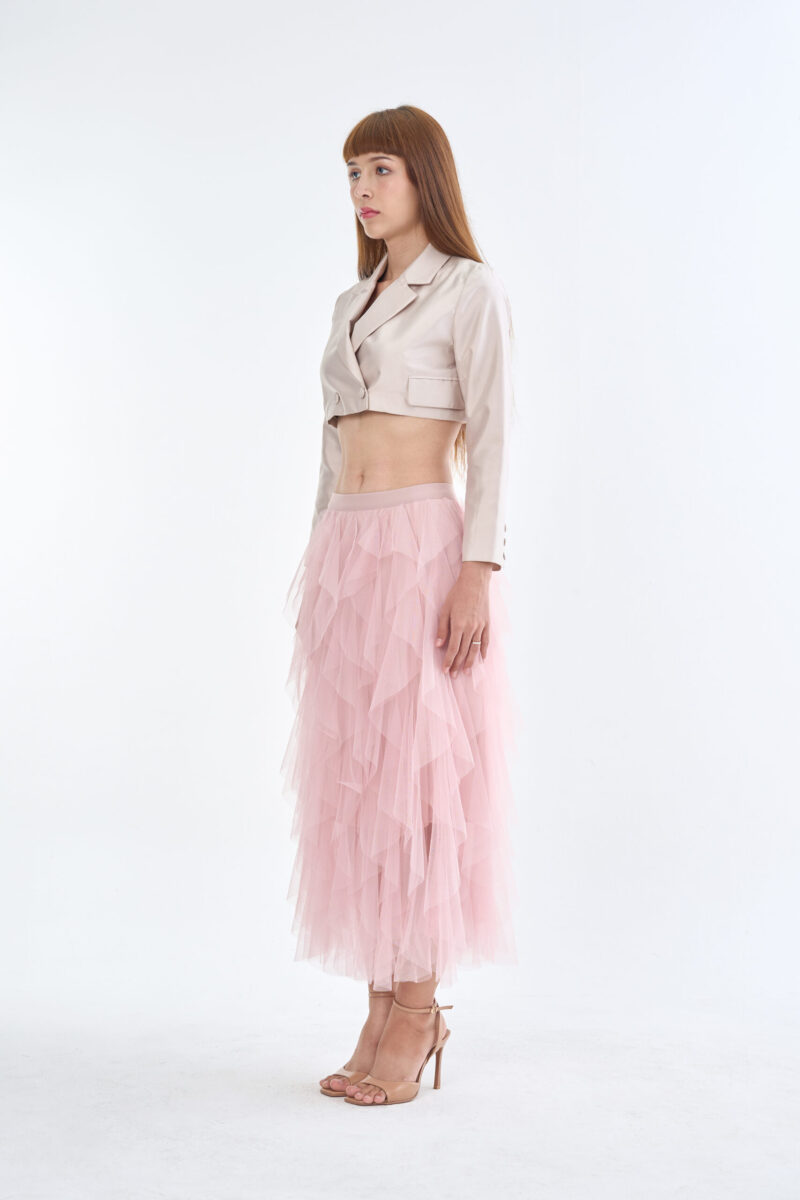Taupe Tailored Crop Suit with Pink Romance Layered Tulle Skirt