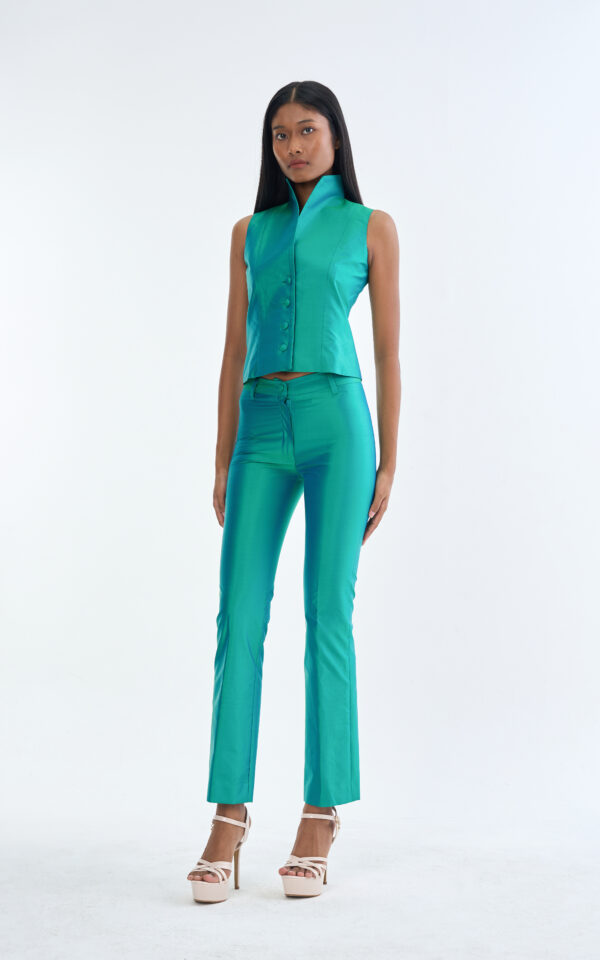 Emerald Wing Collar Sleeveless Tops with Long Pants