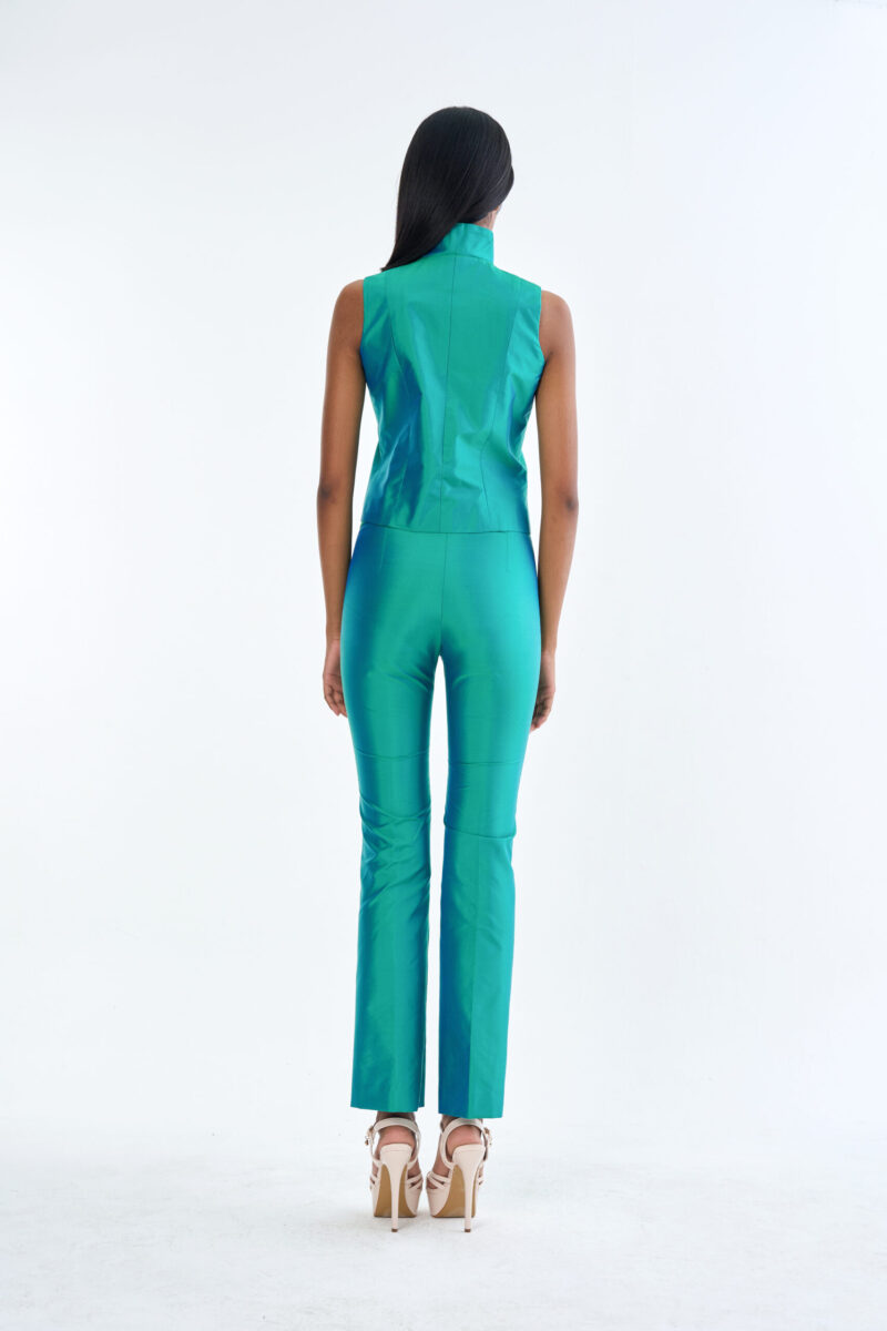 Emerald Wing Collar Sleeveless Tops with Long Pants