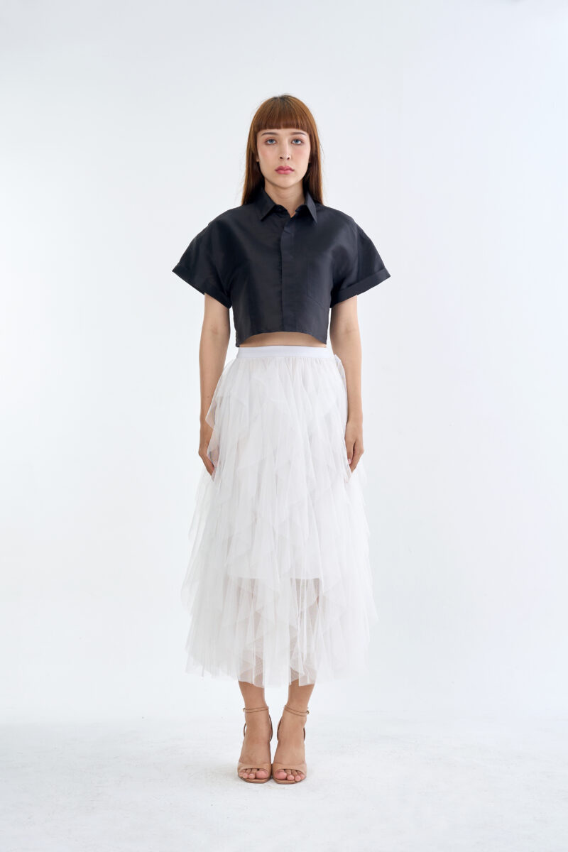 Black Cropped Collar Shirt with White Cloud Layered Tulle Skirt