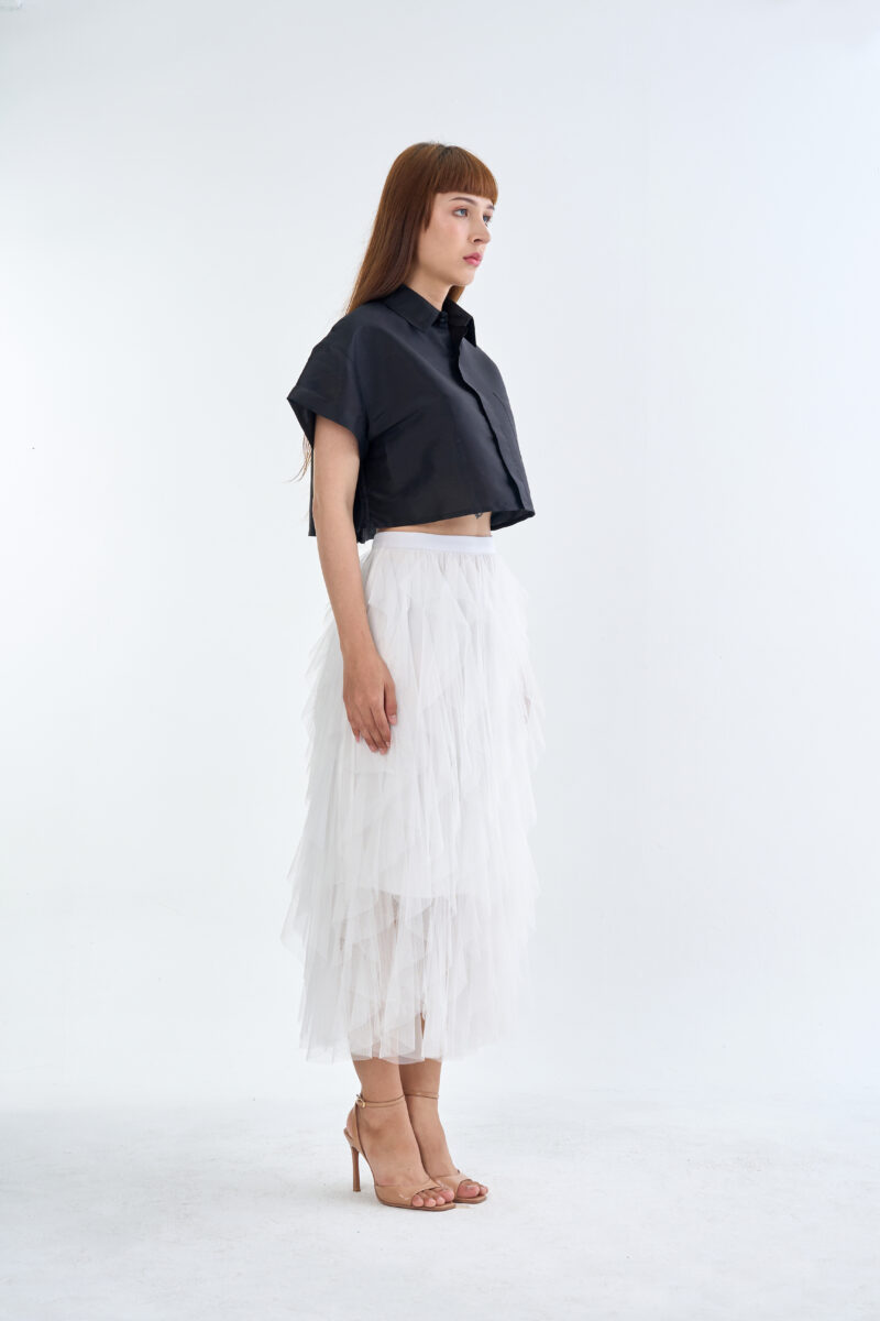 Black Cropped Collar Shirt with White Cloud Layered Tulle Skirt