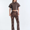 Brown Cropped Collar Shirt with Long Leopard Print Pants