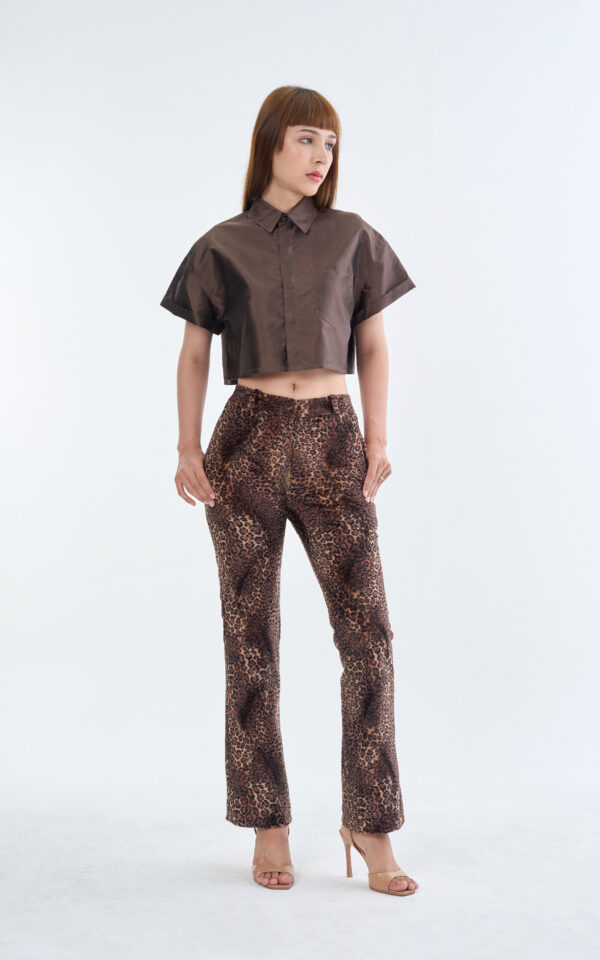 Brown Cropped Collar Shirt with Long Leopard Print Pants