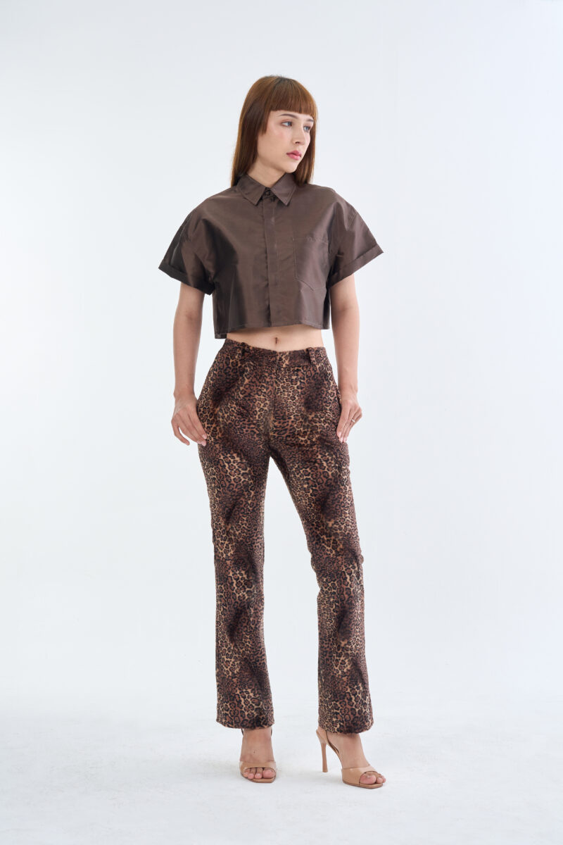 Brown Cropped Collar Shirt with Long Leopard Print Pants