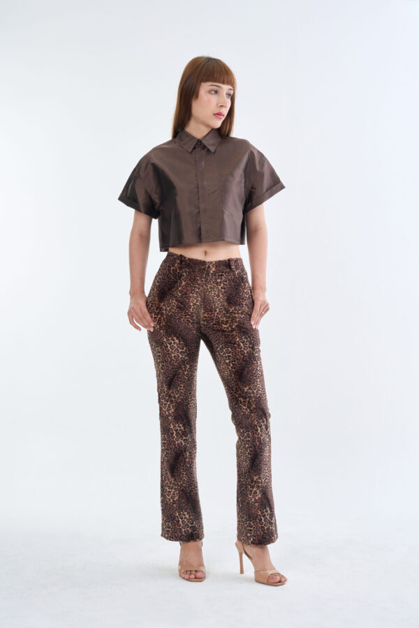 Brown Cropped Collar Shirt with Long Leopard Print Pants