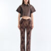 Brown Cropped Collar Shirt with Long Leopard Print Pants