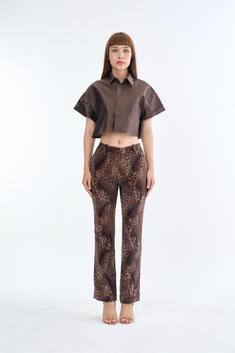 Brown Cropped Collar Shirt with Long Leopard Print Pants