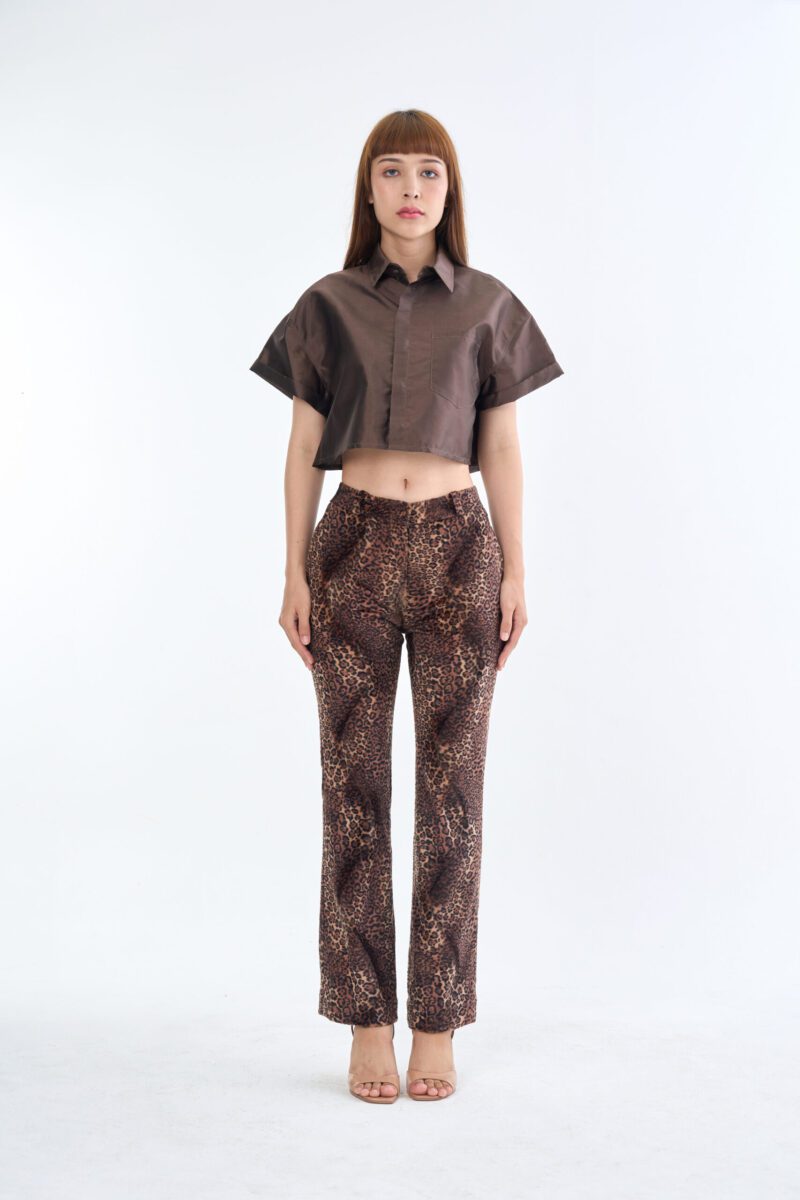 Brown Cropped Collar Shirt with Long Leopard Print Pants