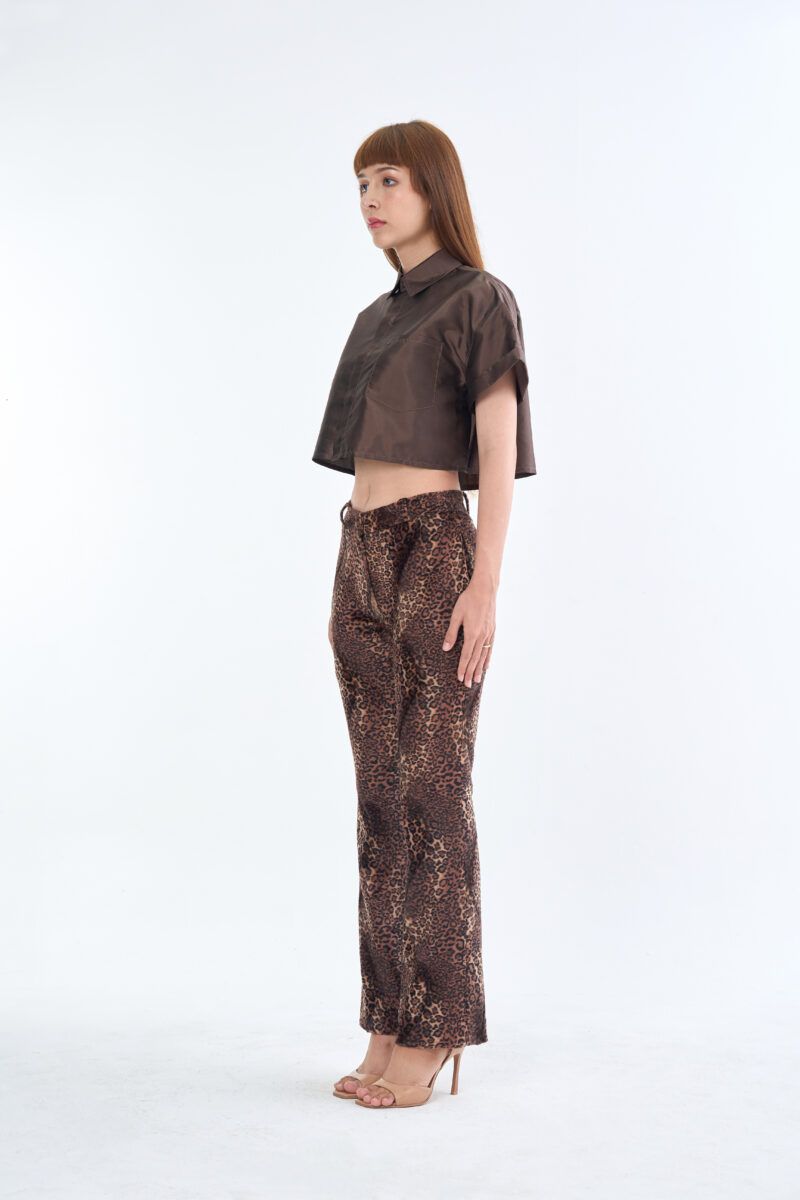Brown Cropped Collar Shirt with Long Leopard Print Pants
