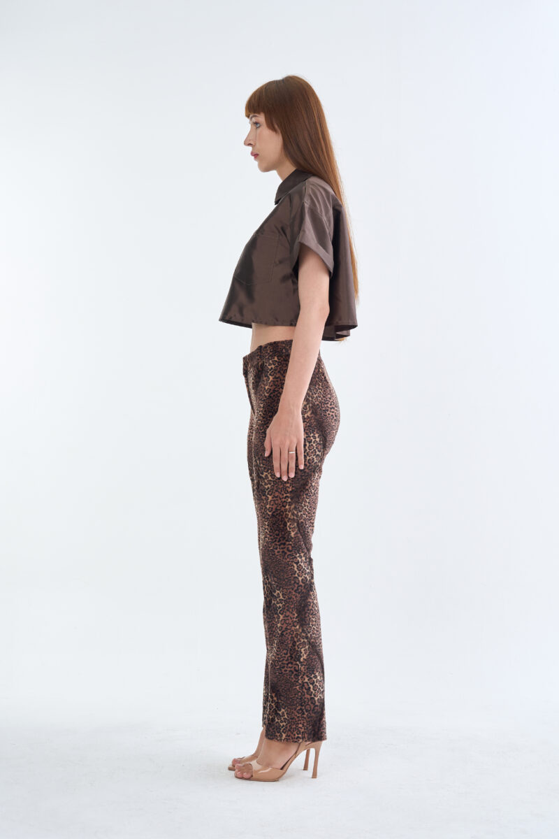Brown Cropped Collar Shirt with Long Leopard Print Pants