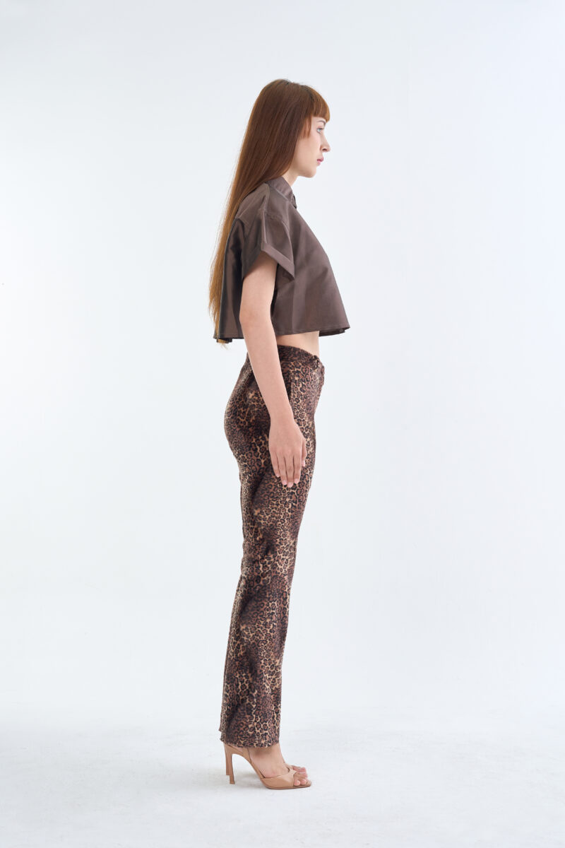 Brown Cropped Collar Shirt with Long Leopard Print Pants