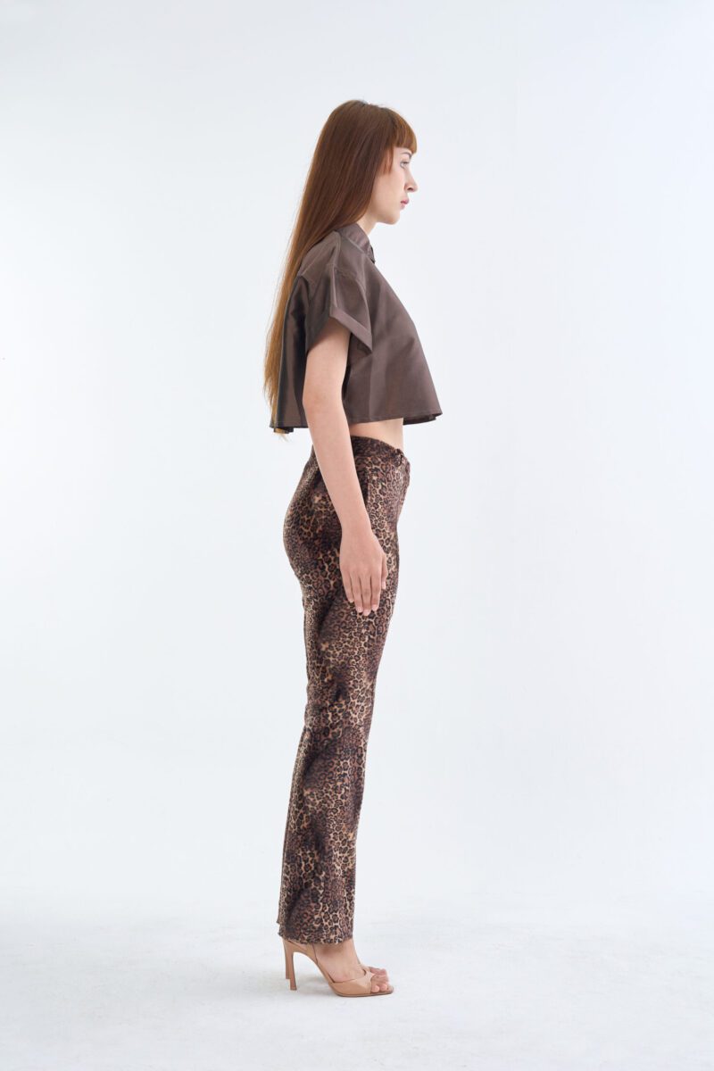 Brown Cropped Collar Shirt with Long Leopard Print Pants