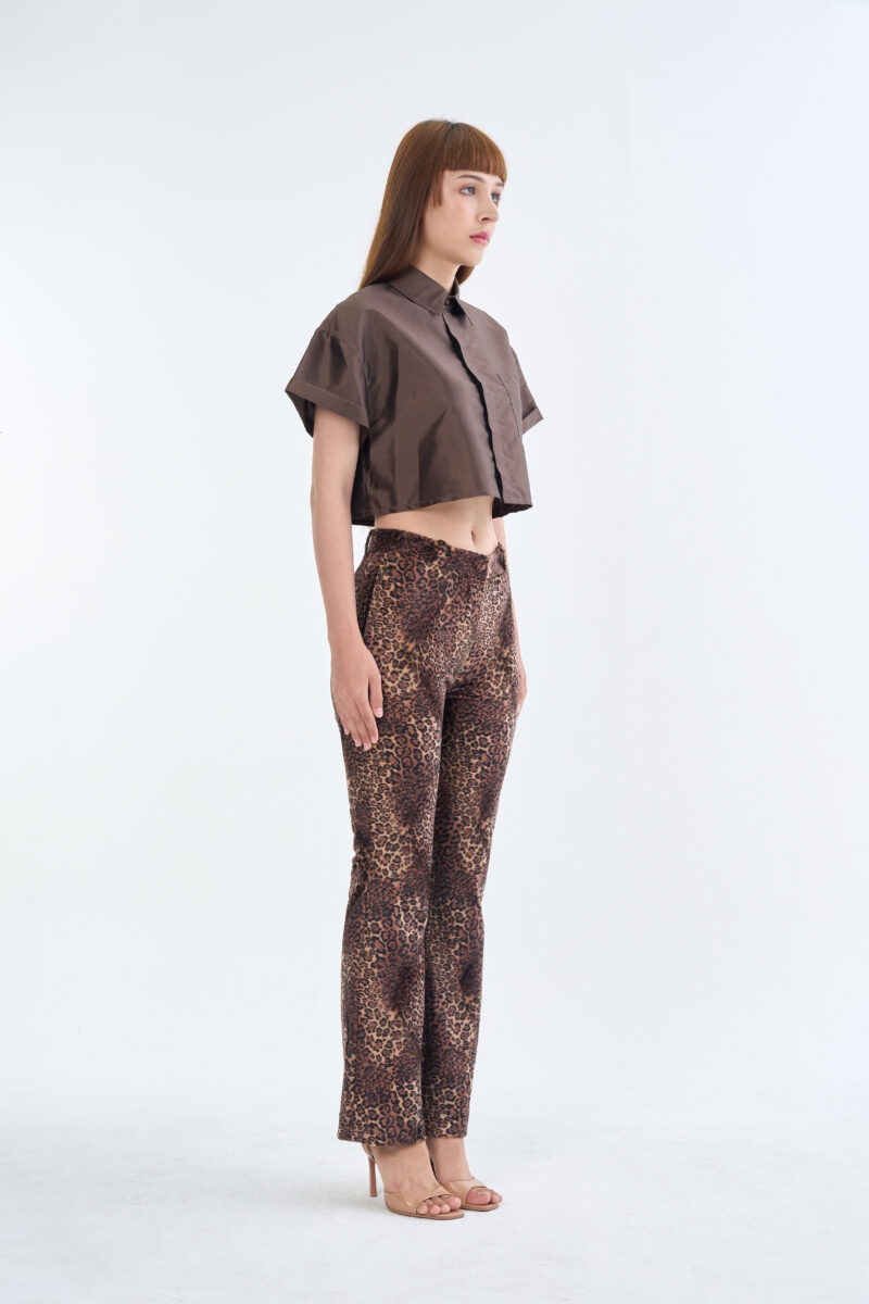 Brown Cropped Collar Shirt with Long Leopard Print Pants