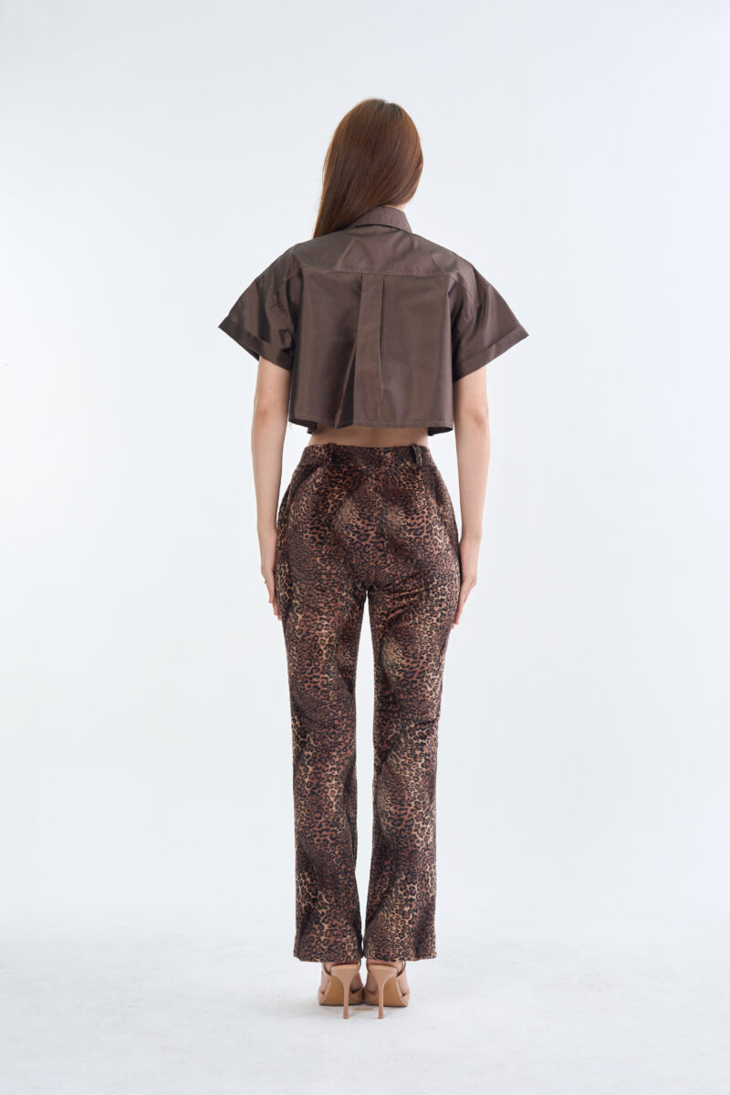 Brown Cropped Collar Shirt with Long Leopard Print Pants