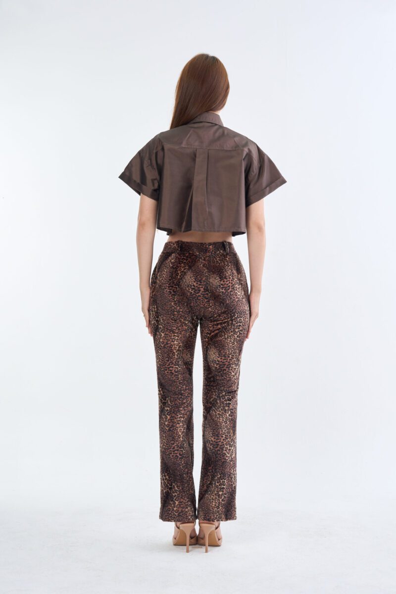 Brown Cropped Collar Shirt with Long Leopard Print Pants