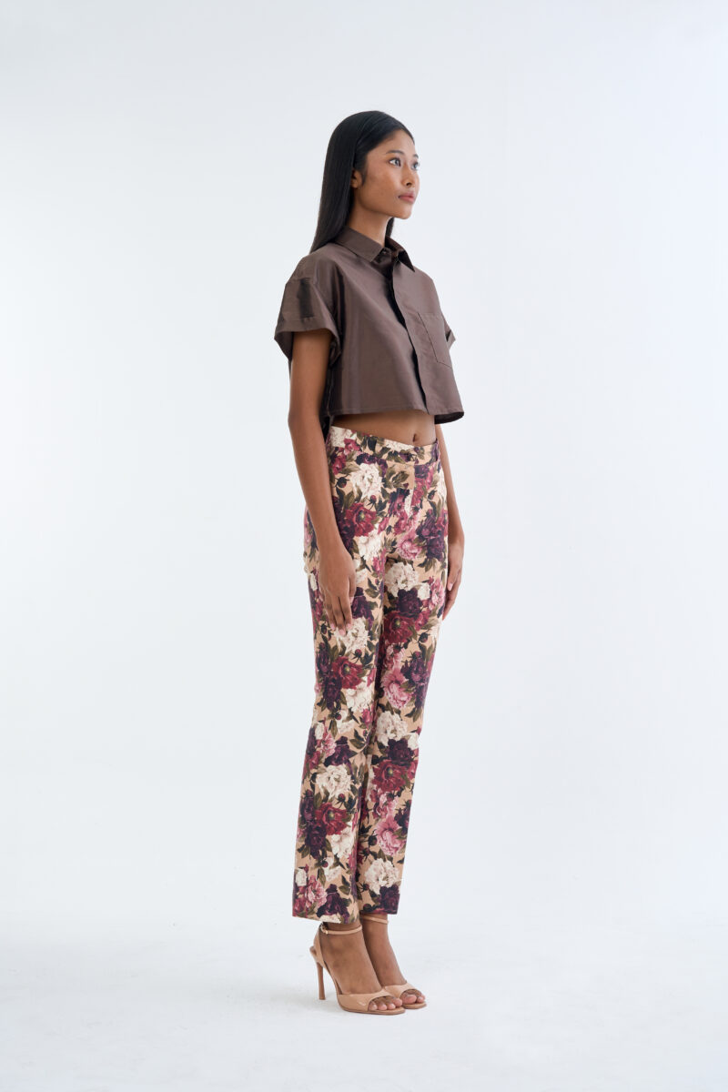 Brown Cropped Collar Shirt with Long Floral Print Pants