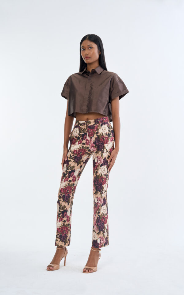 Brown Cropped Collar Shirt with Long Floral Print Pants
