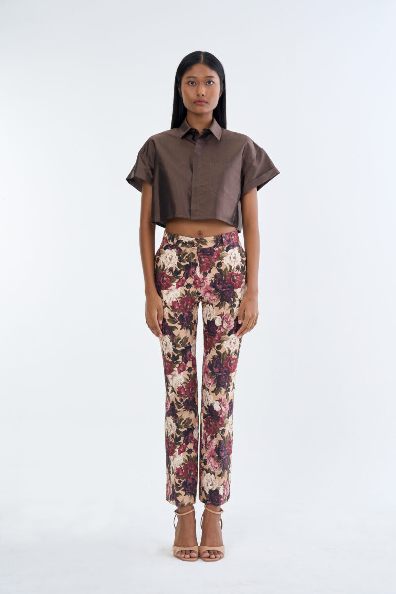 Brown Cropped Collar Shirt with Long Floral Print Pants