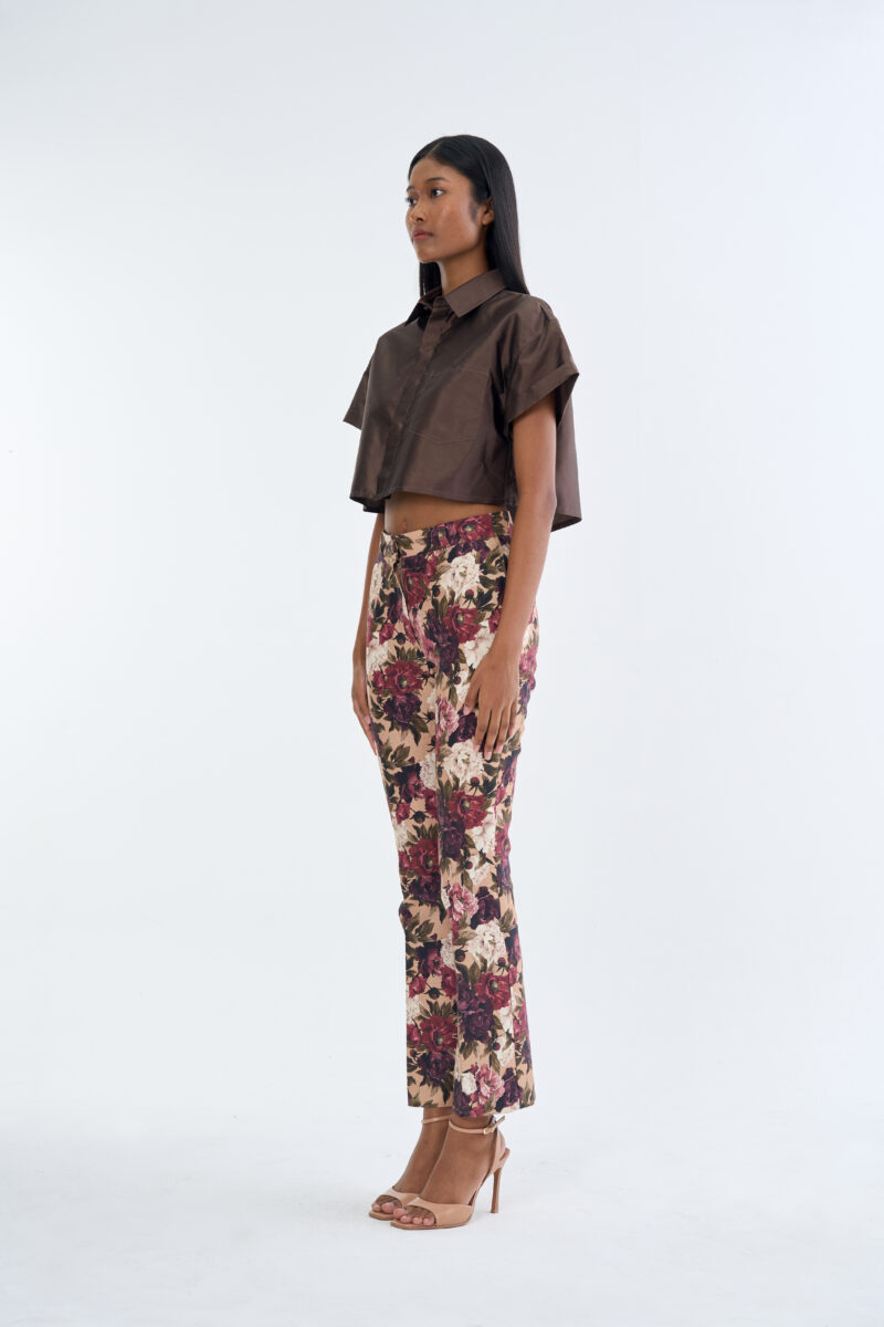 Brown Cropped Collar Shirt with Long Floral Print Pants