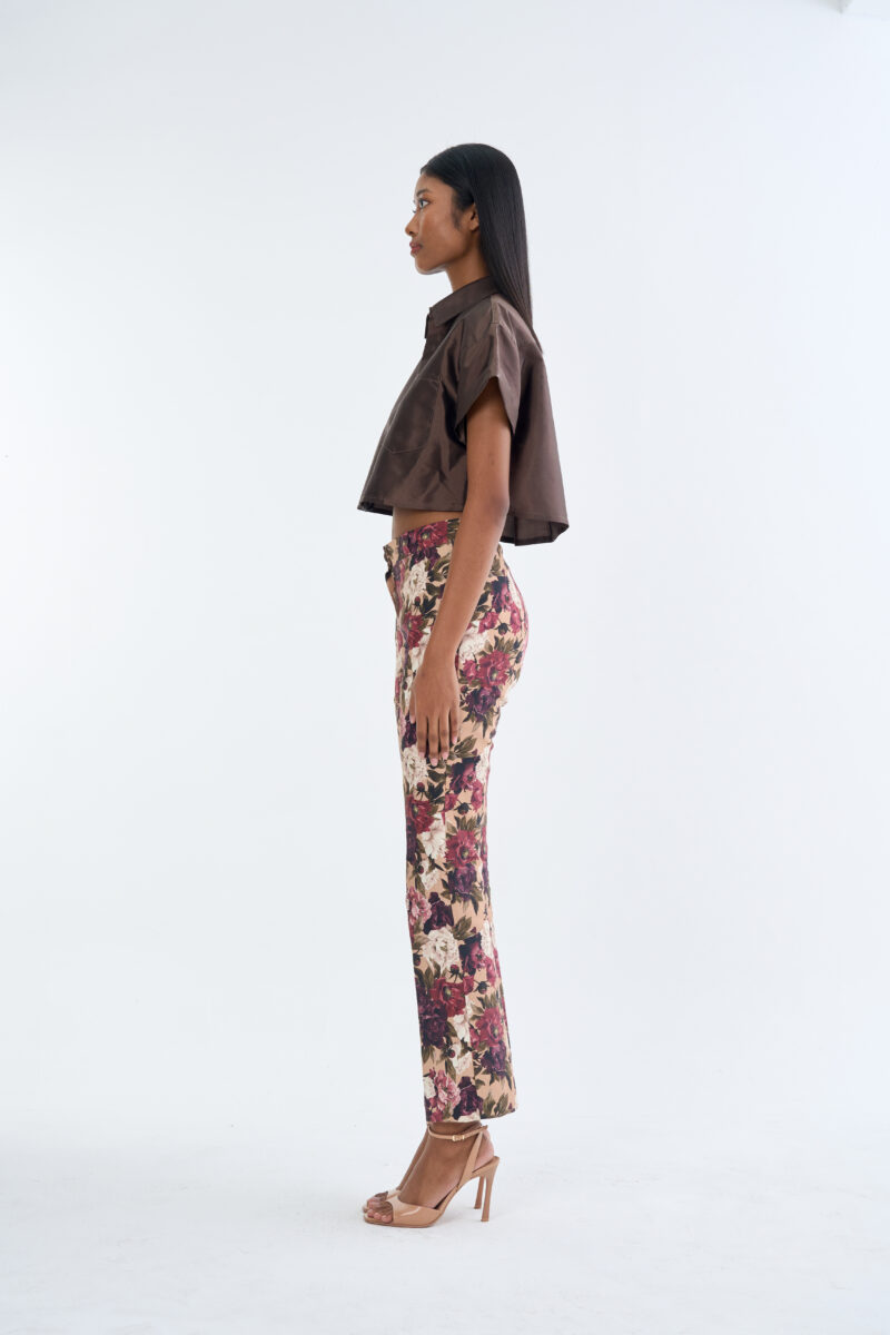 Brown Cropped Collar Shirt with Long Floral Print Pants