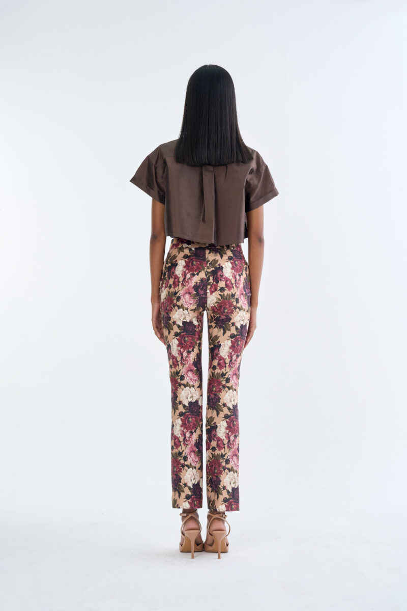 Brown Cropped Collar Shirt with Long Floral Print Pants
