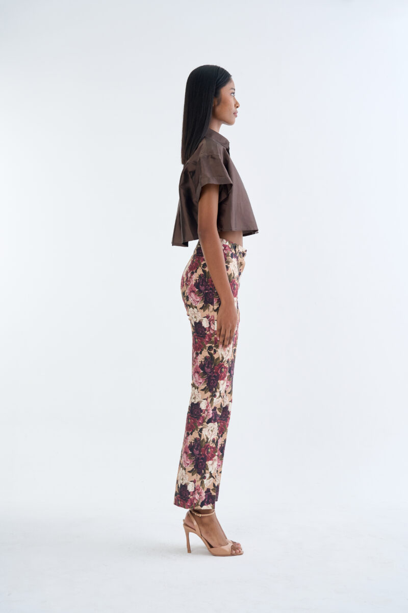 Brown Cropped Collar Shirt with Long Floral Print Pants