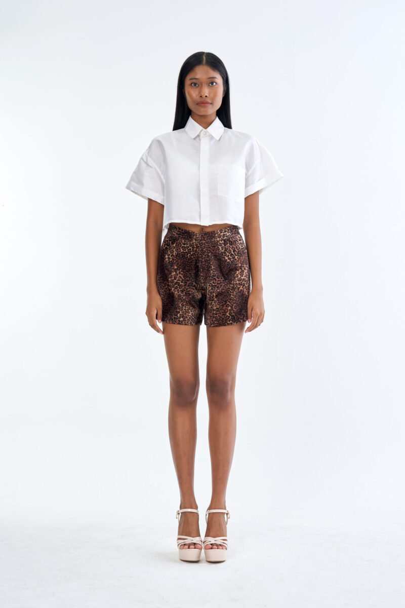 White Cropped Collar Shirt with Shorts Leopard Print Pants