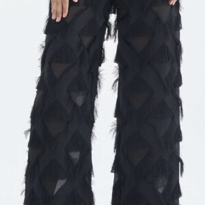 Long Black Fringe Diamond Pants