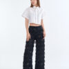 White Cropped Collar Shirt with Long Black Fringe Diamond Pants