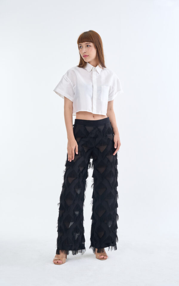 White Cropped Collar Shirt with Long Black Fringe Diamond Pants