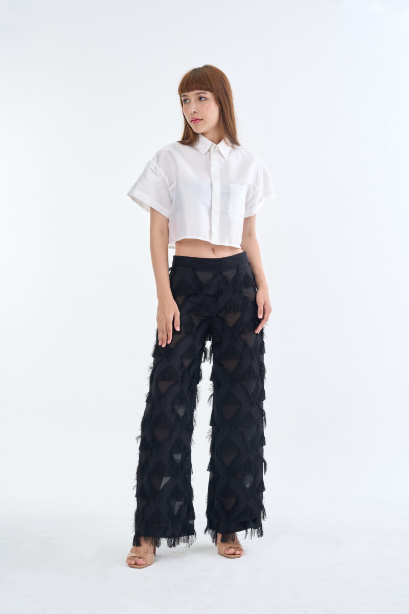 White Cropped Collar Shirt with Long Black Fringe Diamond Pants