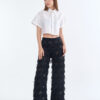 White Cropped Collar Shirt with Long Black Fringe Diamond Pants