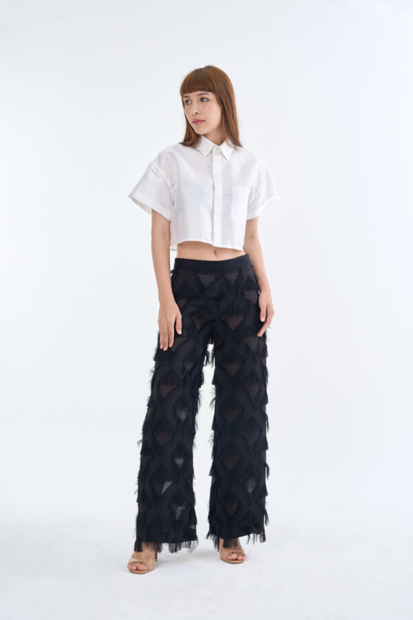 White Cropped Collar Shirt with Long Black Fringe Diamond Pants