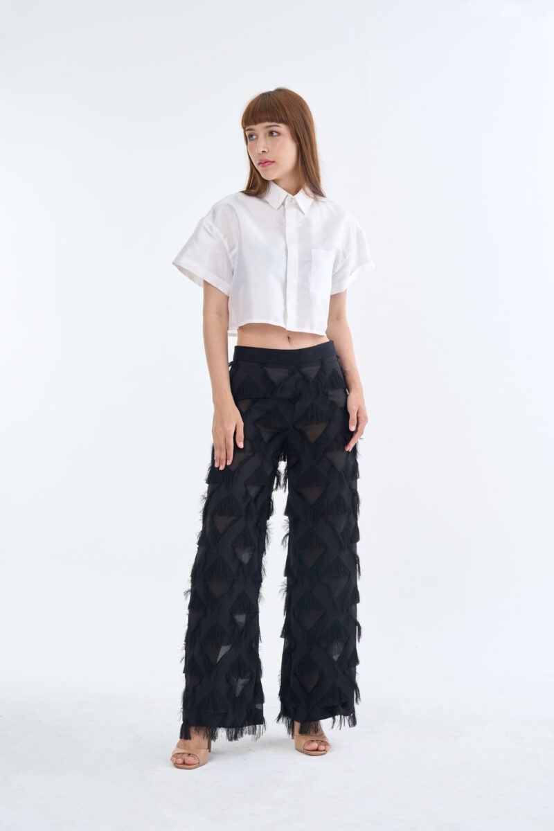 White Cropped Collar Shirt with Long Black Fringe Diamond Pants
