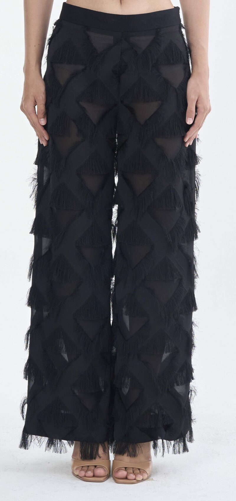 Long Black Fringe Diamond Pants