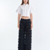 White Cropped Collar Shirt with Long Black Fringe Diamond Pants