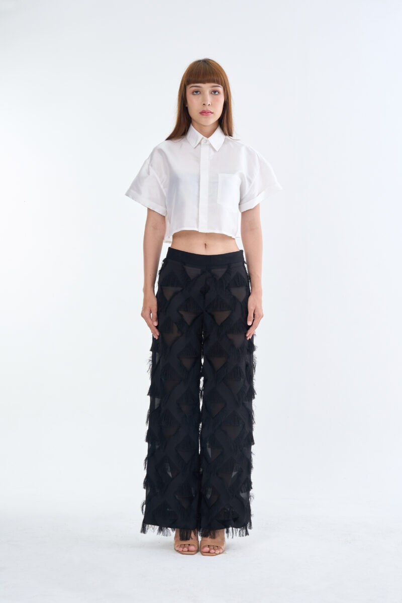 White Cropped Collar Shirt with Long Black Fringe Diamond Pants
