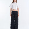 White Cropped Collar Shirt with Long Black Fringe Diamond Pants