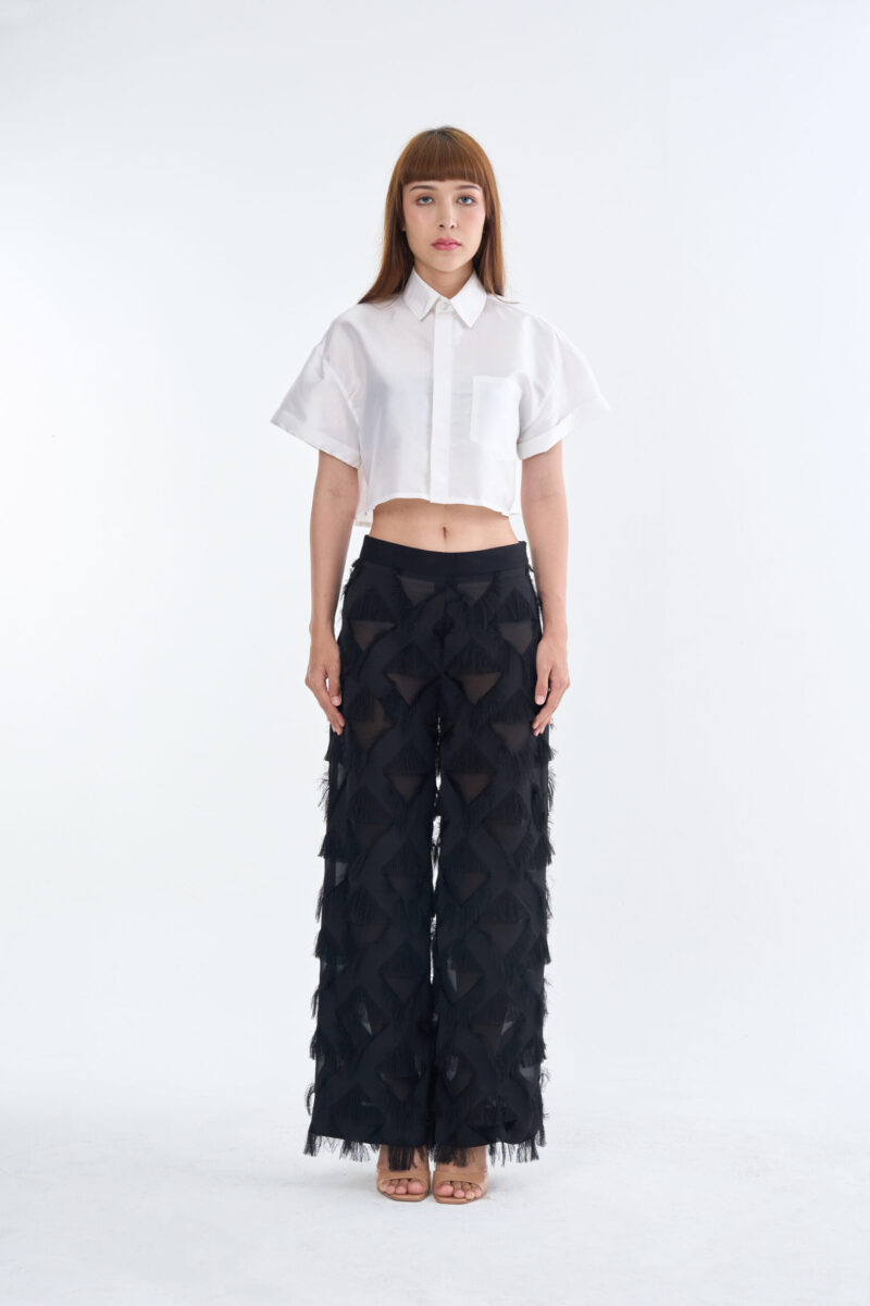 White Cropped Collar Shirt with Long Black Fringe Diamond Pants