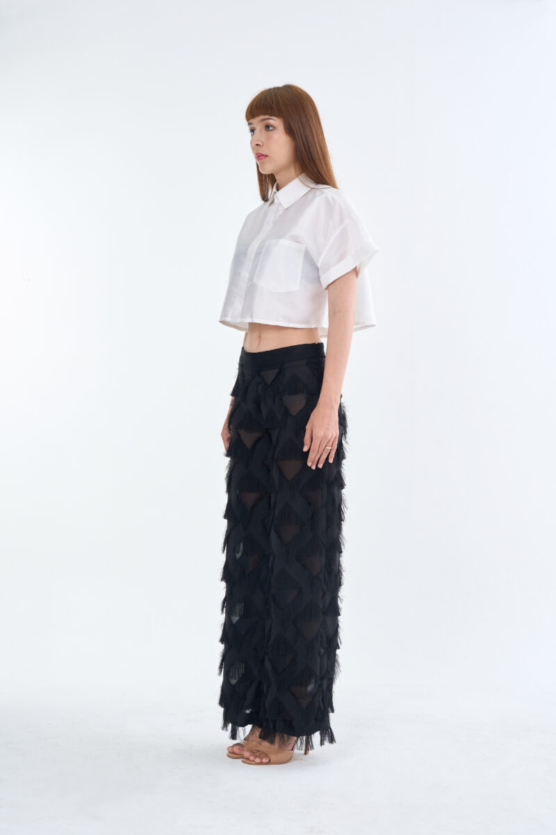 White Cropped Collar Shirt with Long Black Fringe Diamond Pants