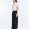 White Cropped Collar Shirt with Long Black Fringe Diamond Pants
