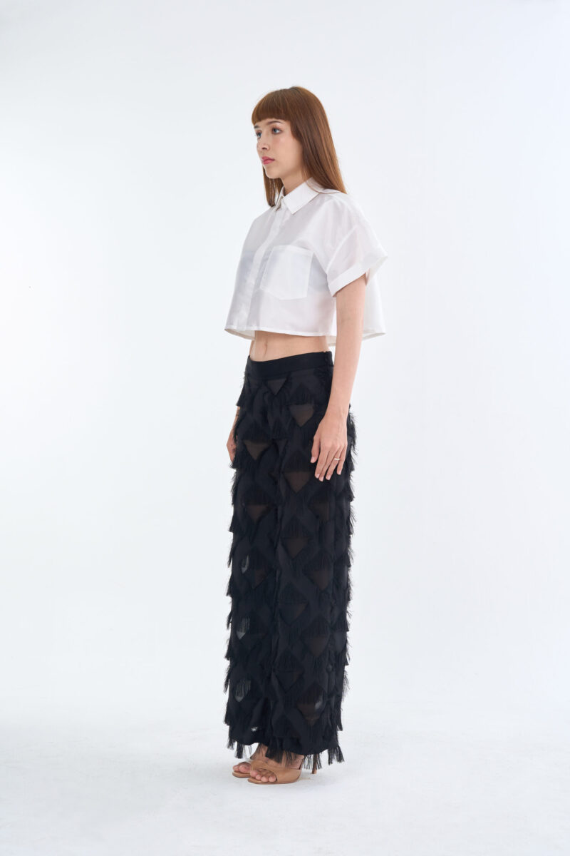White Cropped Collar Shirt with Long Black Fringe Diamond Pants